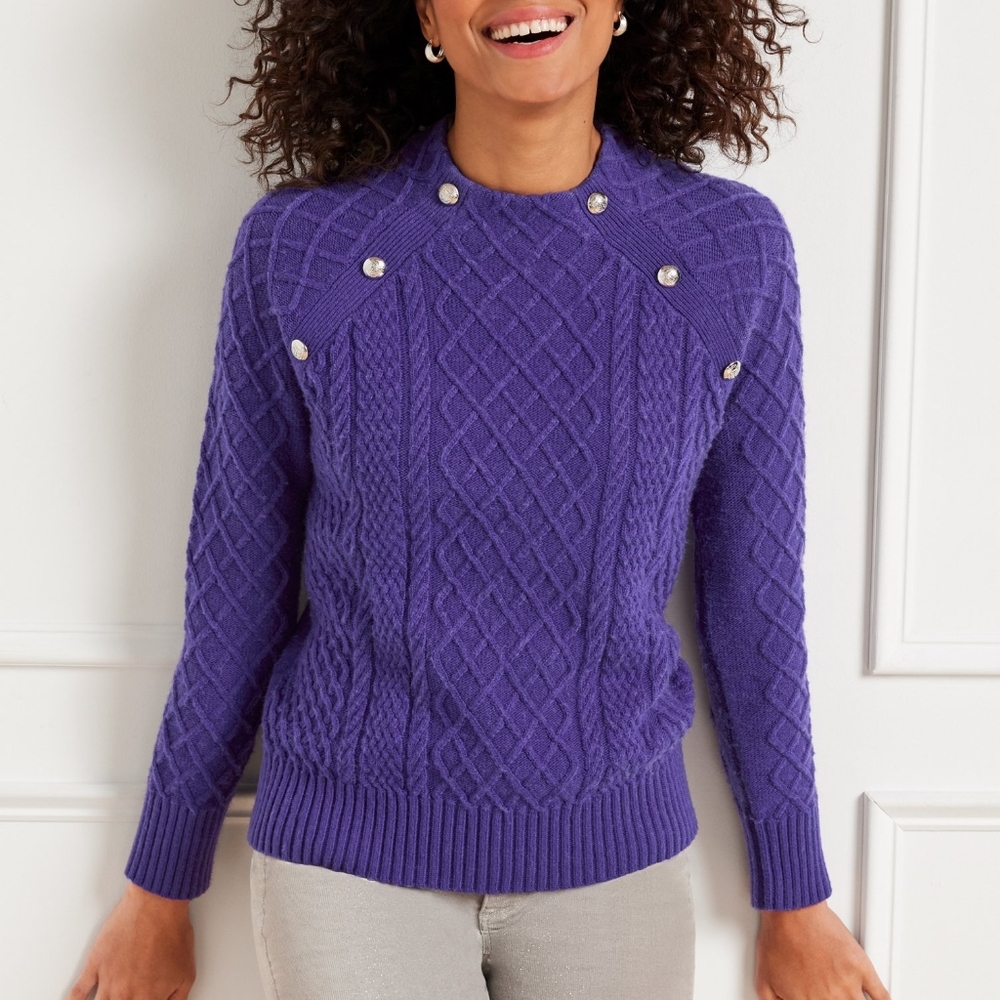 Talbots Purple Mock Neck Cable Knit Sweater with Silver Buttons Size Petite